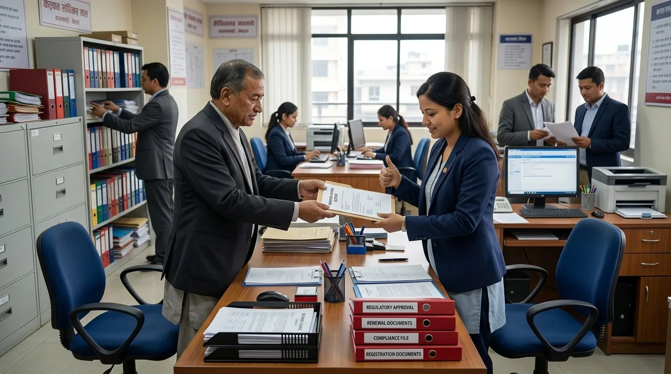 Compliance officers handing over business licence and regulatory approval files for a Department of Industry application in Nepal