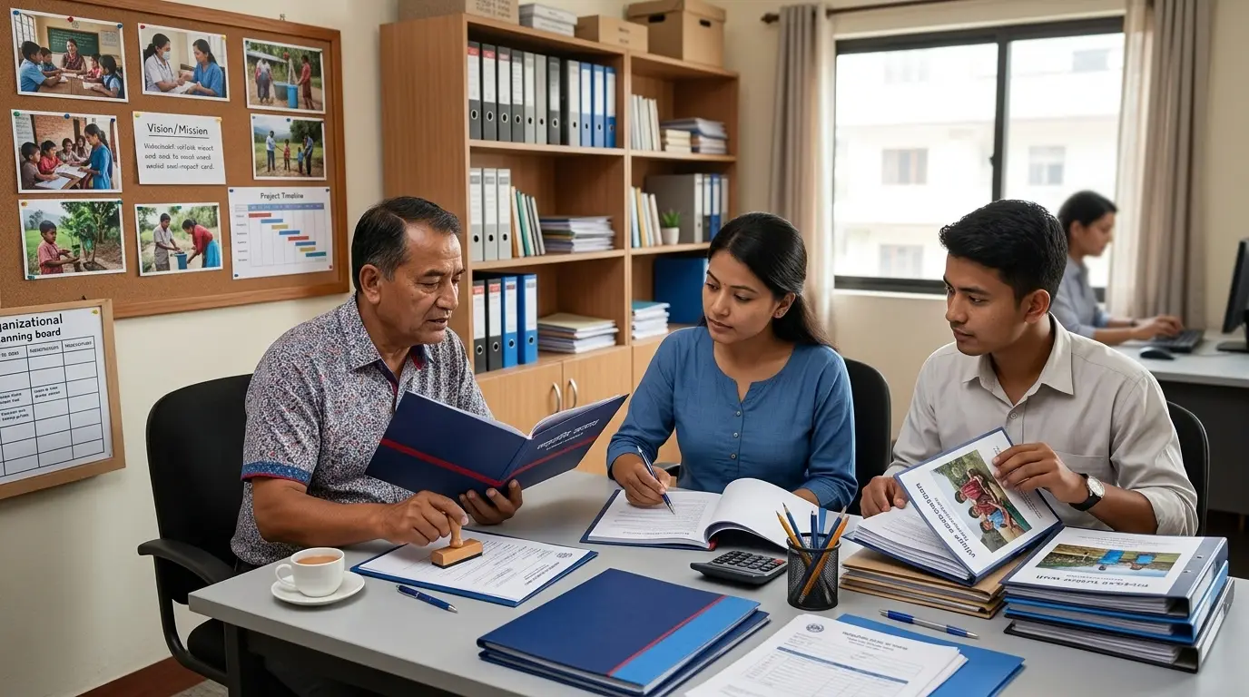 NGO registration advisers reviewing a non-profit's constitution and founding documents for District Administration Office and SWC filing in Nepal