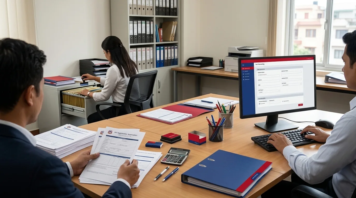 Tax team preparing PAN and VAT registration and monthly VAT returns for an Inland Revenue Department filing in Nepal